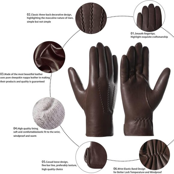 Harssidanzar Men's Brown Luxury Italian Sheepskin Wool Lined Leather Gloves - Picture 2 of 7